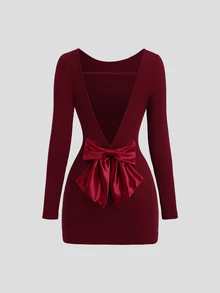 Sweetra Women's Minimalist Burgundy Sexy Backless Bow Decor Fitted Long Sleeve Mini Dress - Burgundy - View 1