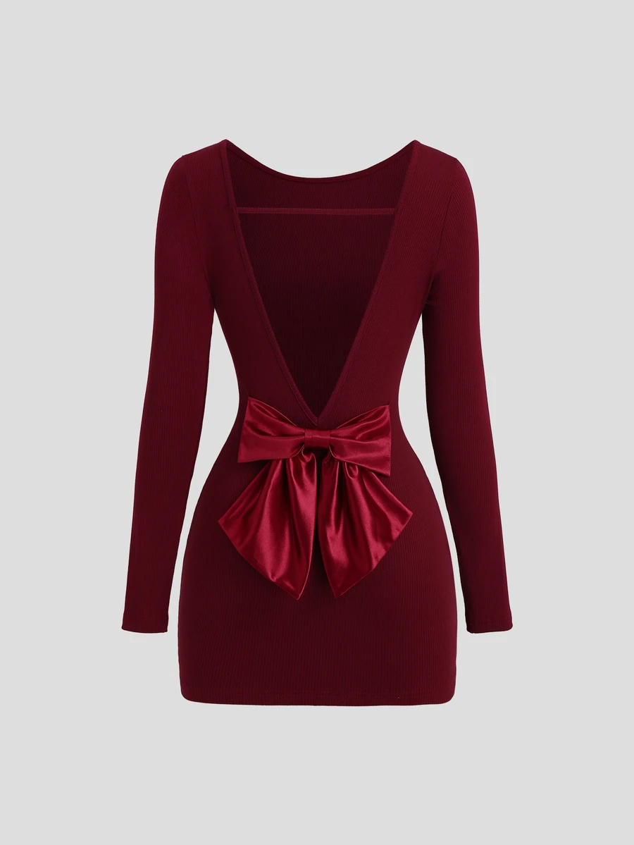 Sweetra Women's Minimalist Burgundy Sexy Backless Bow Decor Fitted Long Sleeve Mini Dress - Burgundy - View 1