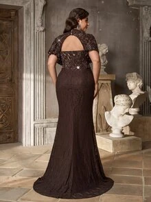 Aureia Plus Size Elegant Romantic Luxurious Coffee Color Sequin Lace Shawl Ruched Fitted Mermaid Tail With Train Heavy Embellishment Evening Gown - Coffee - View 3
