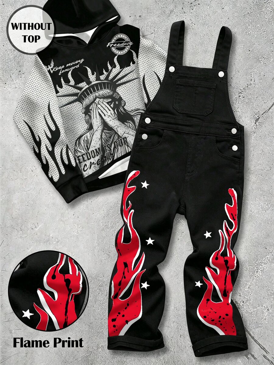SHEIN Boys' Denim Overalls Long Pants, All Season, Soft Cotton, Classic Overalls Style, Flame Print Hem, Loose Fit Black Washed Denim Jumpsuit, Winter - Black - View 1