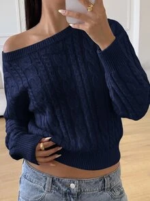 SHEIN 青少年女孩休閒條紋針織毛衣，極簡時尚，適合日常穿著，秋冬季節 - 藏蓝色 - 查看 1