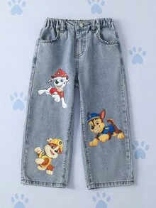 SHEIN | PAW Patrol Young Girl Cartoon Pattern Pocket Button Casual Daily Denim Jeans - Blue - View 3