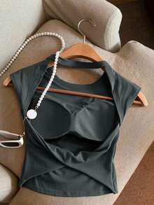 Women's Solid Color Backless Twist Knot Tank Top - Dark Grey - View 1