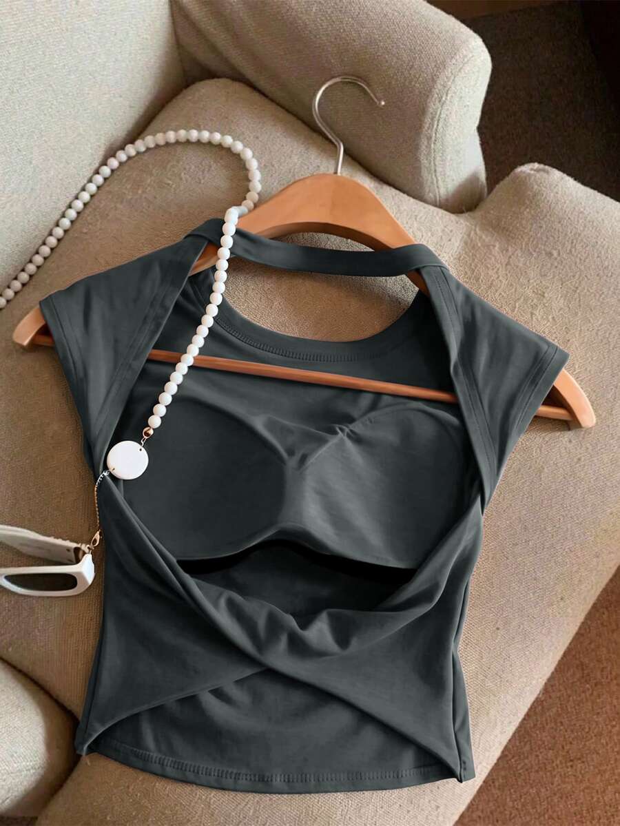 Women's Solid Color Backless Twist Knot Tank Top - Dark Grey - View 1