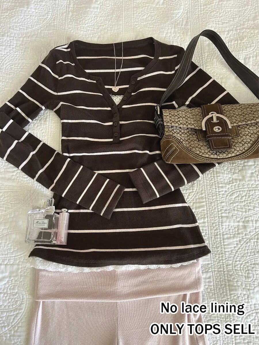IslaSuriya Women's V-Neck Striped Fitted Long Sleeve Top - Coffee Brown - View 1