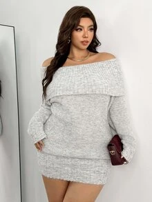 Auralis Off-Shoulder Folded Long Sleeve Fitted Grey Knit Dress, Sexy Soft Aesthetic, Autumn/Winter - Light Grey - View 2