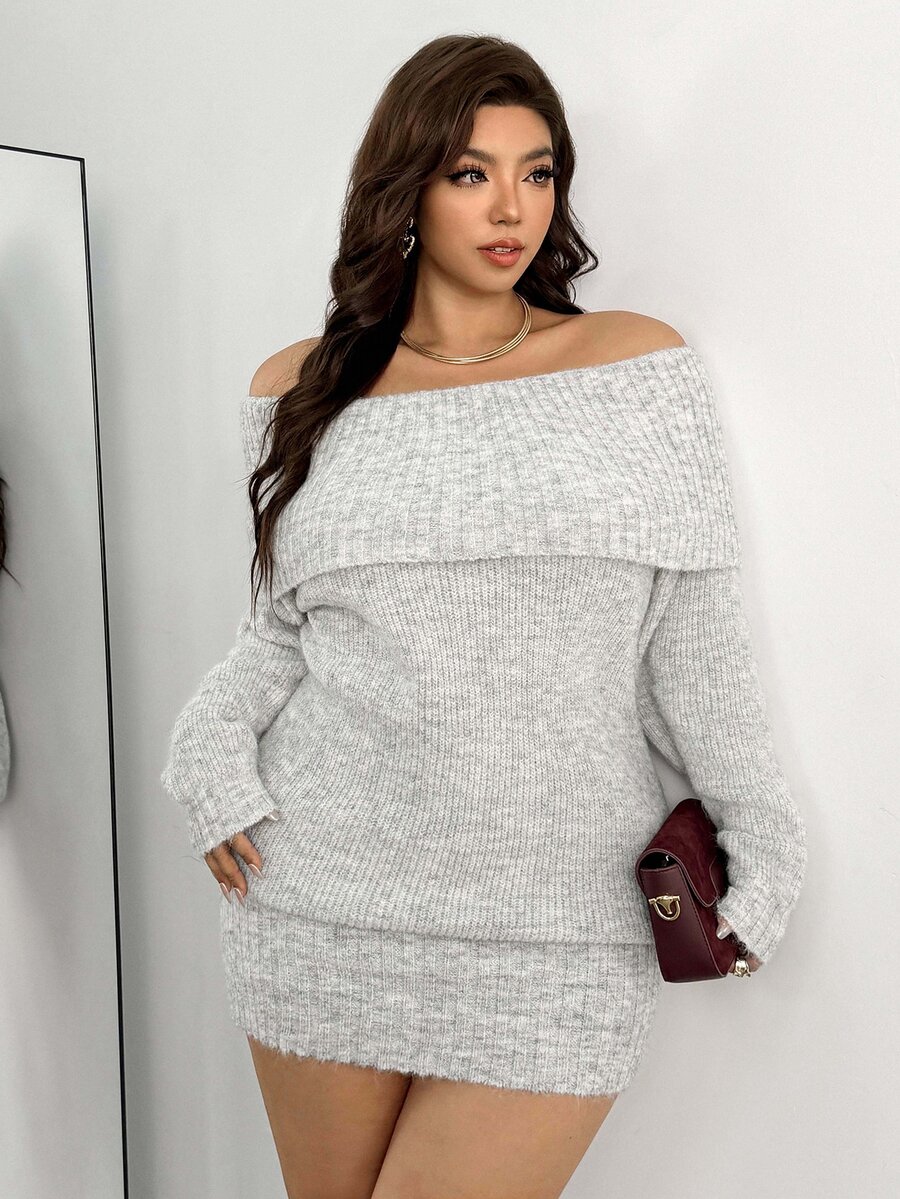 Auralis Off-Shoulder Folded Long Sleeve Fitted Grey Knit Dress, Sexy Soft Aesthetic, Autumn/Winter