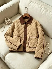 SHEIN Franclia Women's Vintage Dark Brown Trim Double Pocket Loose Drop Shoulder Casual Versatile Jacket - Khaki - View 3