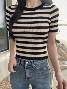 DAZY Women's Striped Halter Neck Fitted Knit Top - Black - View 3