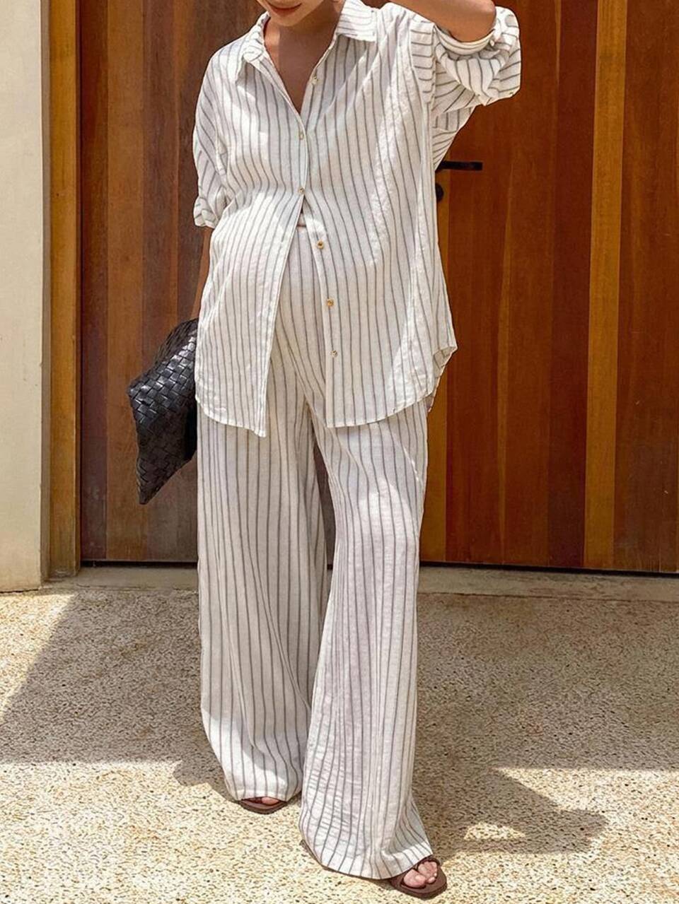 Contrast Color Striped Loose Long Sleeve Shirt & Straight Leg Pants Casual Vacation Korean Style Spring/Autumn Maternity 2 Pieces Set