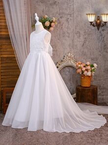 Ethereal Tween Girl Long Tail Dress With Exquisite Floral Applique, Sequins And Lace Bodice, Delicate Craftsmanship, Sleeveless Design, Waist-Flattering Snug Fit Fit, Back Tie Closure With 3D Bow, Extended Tulle Train, Pure White, Versatile For Weddings, Flower Girl, Piano Recital, Hosting, Runway, Birthday Party, Evening Gala, Elegant And Graceful - White - View 6