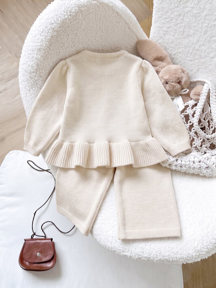 SHEIN Baby Girls Sweater Co-Ords, Knit Pullover Crew Neck Long Sleeve Cardigan, Pink Solid Color, Versatile Fashionable + Knitted Flared Long Pants, Suitable For Autumn/Winter, 2-Piece Set, And Versatile, Suitable For Outings, Travel, School - Beige - View 2