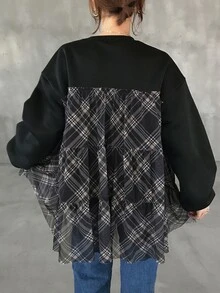 FRIFUL Women's Casual Plaid Patchwork Sweatshirt, Autumn - Black - View 5