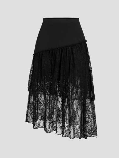 Sweetra Women's New Long Skirt, Knitted Fabric With Contrast Lace, Suitable For Spring, Summer, Autumn, Winter, Outfit For Travel, Shopping, Daily Wear, Romantic And Elegant Style, Skirt