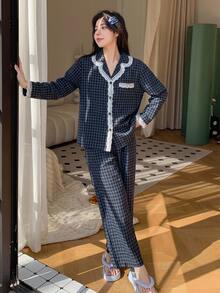 DAZY 2pcs Plaid Embroidered Pattern Pajama Set Fall - Navy Blue - View 6