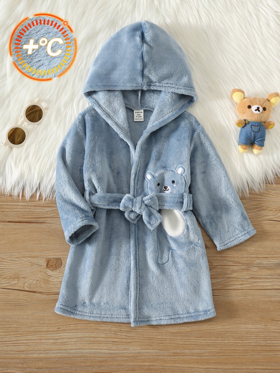 SHEIN Baby Boy Baby Girl Baby Boy Cartoon Elephant Pattern Autumn/Winter Thermal Lined Thick Long Sleeve Tie-Front Robe - Blue - View 1