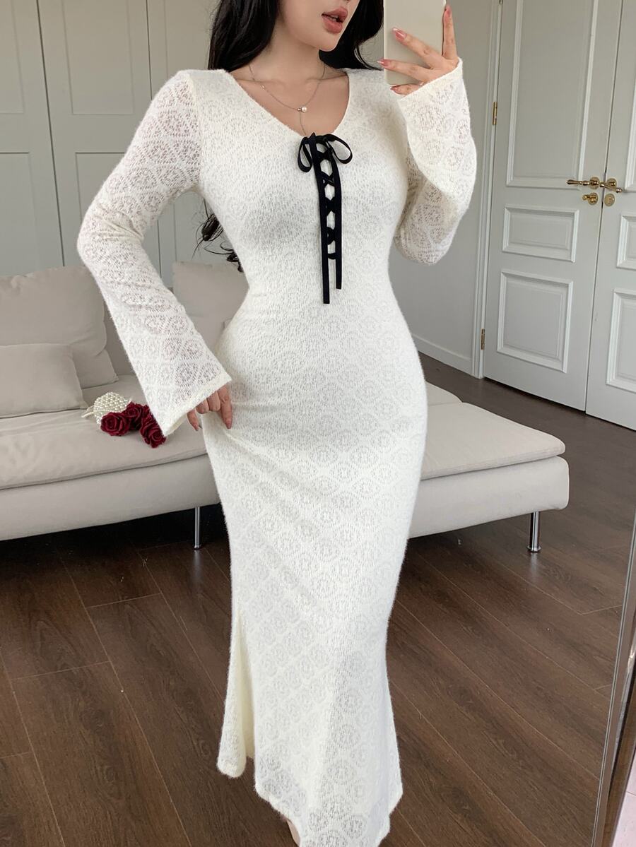 Feyla Women's V-Neck Tie Design Flared Sleeve Fitted Elegant Romantic Fishnet Midi Dress Date White Autumn - Apricot - View 1