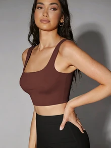 Silquee Casual Versatile Solid Color Seamless Cropped Tank Top - Brown - View 4