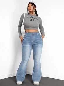 SHEIN PETITE CURVE بنطلون جينز واسع الساق بأزرار وجيوب متعدد الاستخدامات للمقاسات الكبيرة - الأزرق - مشاهدة 5