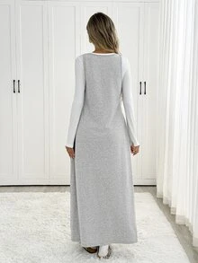 Easowa Square Neck Contrast Color Patchwork 2 In 1 Long Sleeve Knit Dress Brunch White Grey Autumn Casual - Multicolor - View 6