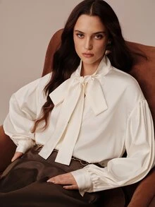 BELROSIE New European And American Style Autumn/Winter Fashion Versatile Solid Color Satin Loose Collar Tie Elegant Commute Long Sleeve Blouse - Apricot - View 1