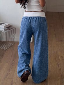 SHEIN 青少年女孩藍色針織丹寧拼接白色腰帶寬鬆長褲 秋冬休閒萬聖節新年校園 Y2K 藍色牛仔褲 秋冬服飾 - 藍白色 - 查看 4