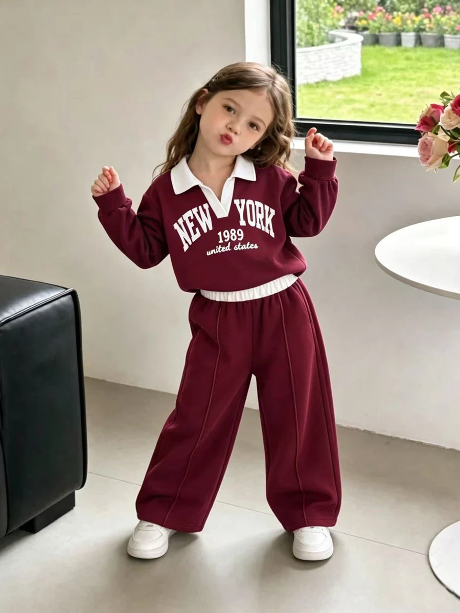 Genkimix Kids 2件組女童條紋領長袖針織上衣與長褲套裝,時尚兒童休閒套裝 - 酒紅色 - 查看 1