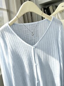 Franclia Women's Thin Sun Protection Cover Up Jacket, V-Neck Knit Shawl Cover-Up, Summer Outerwear - Baby Blue - View 5