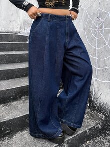 Jeanoix Plus Size Women's Casual Denim Wide Leg Pants With Pockets - Blue - View 4