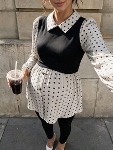 Momance Maternity Polka Dot Patchwork Top, Comfortable Loose Fit - Apricot - View 3