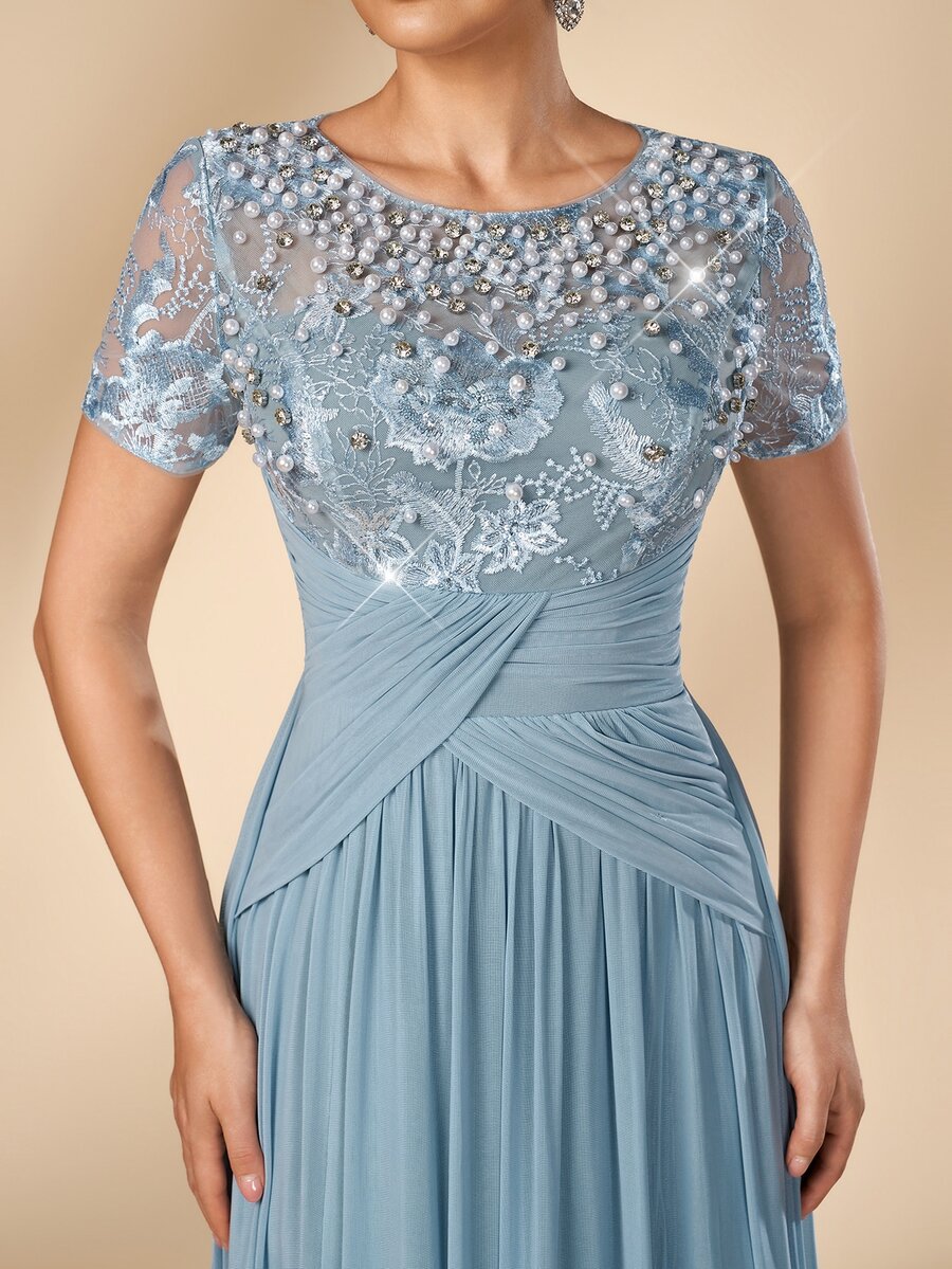 Serin Elegant Romantic Round Neck Luxury Embroidered Contrast Mesh Sheer 3/4 Sleeve Pearl & Rhinestone Inlaid Waist Pleated Decor A-Line Formal Dress For Wedding Party Celebration Bride Mother Of The Bride - Dusty Blue - View 1