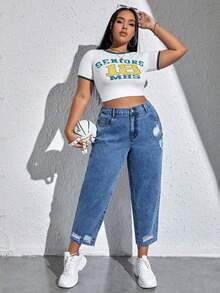 SHEIN EZwear 大尺碼女款休閒日常牛仔褲，附口袋、鈕扣與破洞設計 - 藍色 - 查看 5