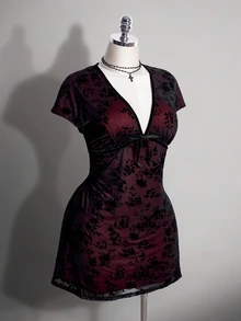 SHEIN ICON 大尺碼復古Y2K深V領花卉短袖收腰A字洋裝，返校穿搭，日常穿著，休閒度假，夏季洋裝 - 黑色 - 查看 5