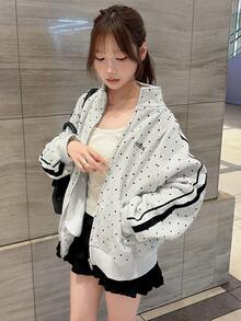 FRIFUL Women's Polka Dot Print Zip-Up Casual Loose Fit Sweatshirt Fall - Grey - View 7