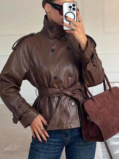 SHEIN EZwear Casaco feminino de manga comprida em pele sintética PU, cor lisa, com nó na cintura, versátil e moderno