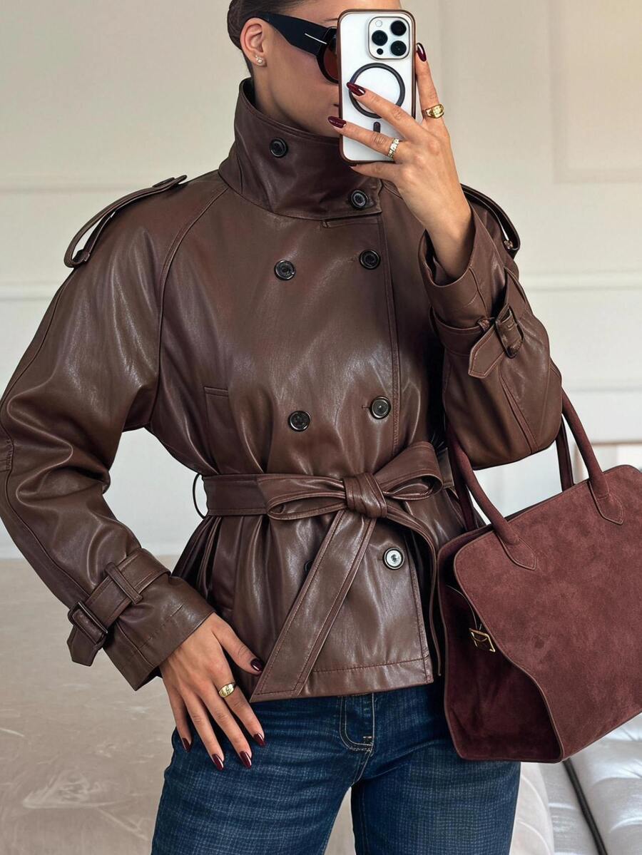 SHEIN EZwear 女款純色腰部打結PU皮革時尚百搭長袖夾克 - 棕色 - 查看 1