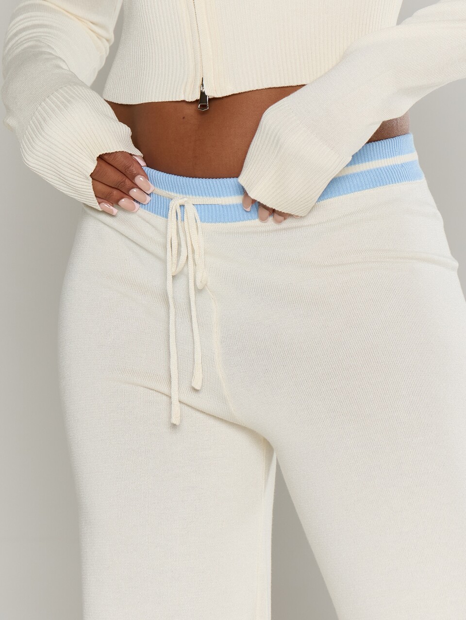 Petite White Low Rise Contrast Drawstring Waistband Wide Leg Knit Trousers