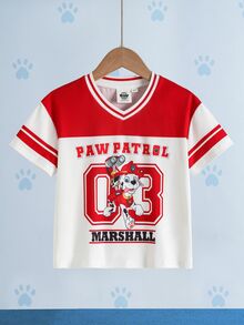 SHEIN | PAW Patrol Young Boy Letter Cartoon Print Casual Daily Short Sleeve T-Shirt - Red - View 3