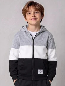 SHEIN 兒童青少年男孩休閒學院風三色拼接字母織標連帽拉鍊外套，舒適針織面料，適合學校、花園、海灘、生日，秋冬春夏四季，黑色、棕色 - 灰色 - 查看 4