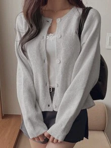 DAZY Women's Loose Long Sleeve Round Neck Casual Vacation Autumn/Winter Knit Cardigan With Embroidered Pattern - Grey - View 6