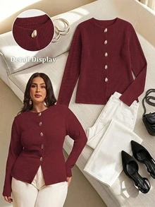 SHEIN BAE 大尺碼女款優雅金屬扣長袖時尚上衣 - 酒紅色 - 查看 7