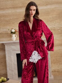 Moireta French Elegant Mature Velvet Long Sleeve Long Pants Women's Pajama Set - Burgundy - View 3