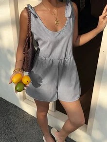 SHEIN EZwear 海軍藍與白色編織女款連身短褲 度假海灘夏季熱帶性感 - 黑與白 - 查看 3
