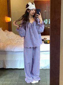 DAZY Women's Plaid Long Sleeve Top And Pants Casual Daily Home Sleepwear Set Fall - Pink - View 4