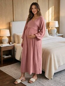 SHEIN Maternity Home Dress Loose Comfortable 100% Cotton - Dusty Pink - View 8
