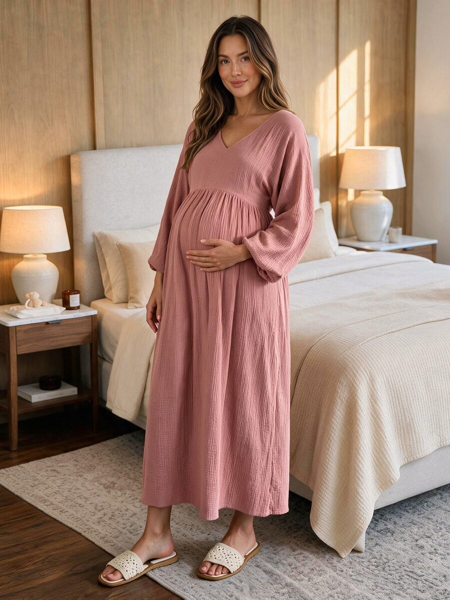 SHEIN 孕婦居家洋裝 寬鬆舒適 100%純棉 - 藕粉色 - 查看 1