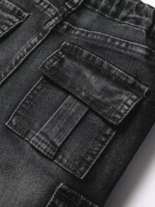SHEIN Kids 2Pcs/Set Young Boy Distressed Vintage Basic Frayed Blue Denim Long-Sleeved Jacket And Cargo Jeans, Fall/Winter , For Young Boys Back To School - Black - View 5