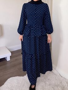 Solavon 女款度假時尚波點印花鈕扣襯衫與長裙兩件套 - 藏蓝色 - 查看 6