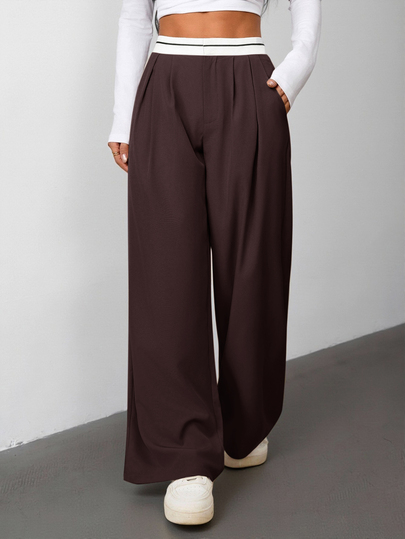 SHEIN PETITE Women's Waistband Stitching Khaki Casual Elegant Women's Suit Pants