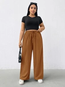 Shapeblank Bộ 3 quần casual size lớn màu trơn vải vân nổi thắt eo - Nhiều màu - Xem 7